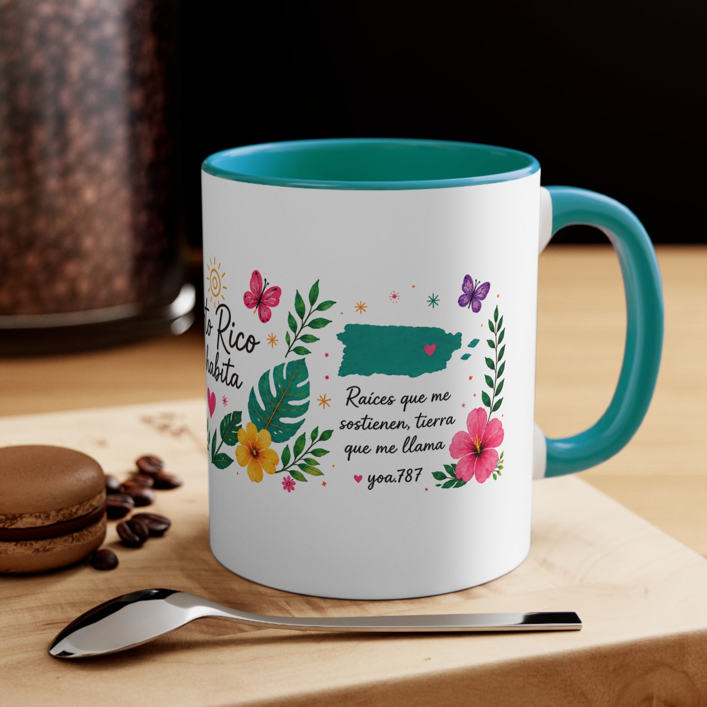 Puerto Rico Me Habita Accent Mug — Tropical Coquí & Hibiscus Coffee Cup