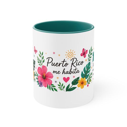 Puerto Rico Me Habita Accent Mug — Tropical Coquí & Hibiscus Coffee Cup